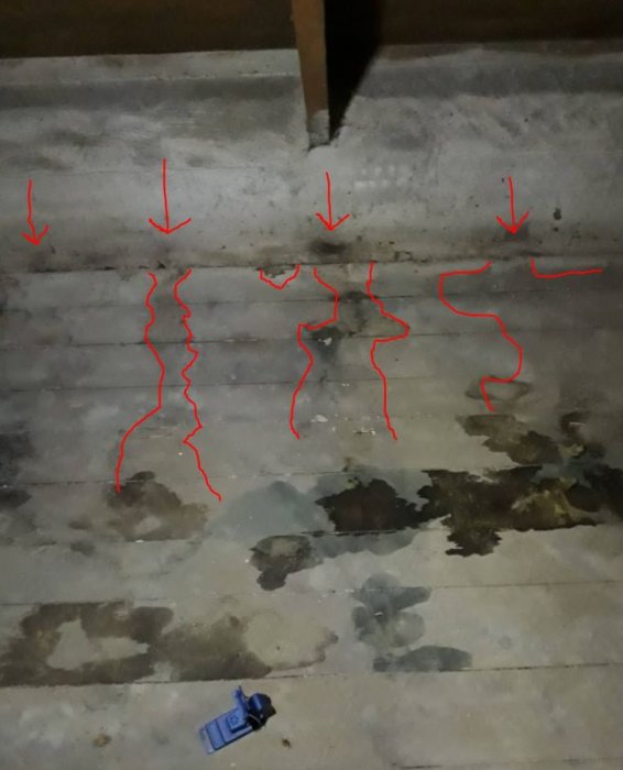 Källarvägg med fuktspår och rödmarkerade linjer som tyder på vatteninträngning.