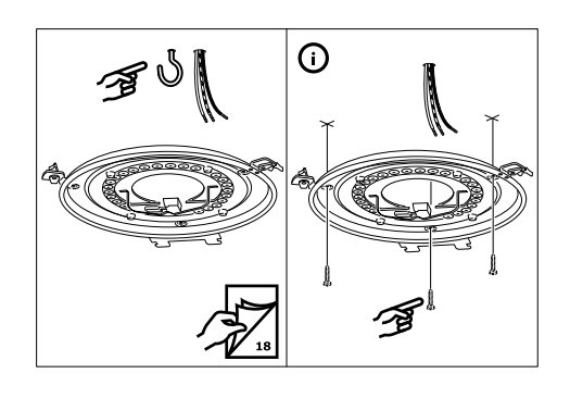 Illustration av montering av en taklampa med kablar och monteringsdetaljer.