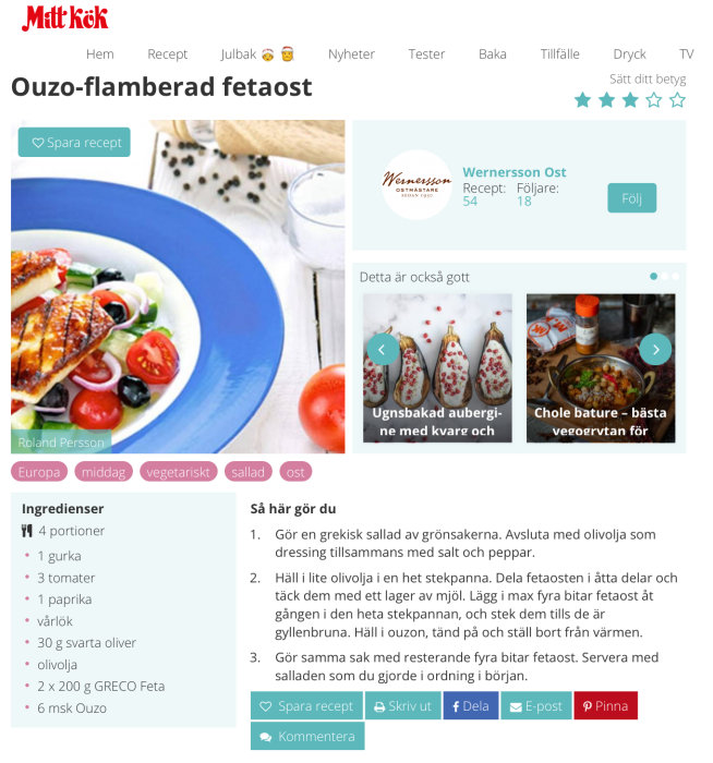 En skärmdump av ett recept på Mitt Kök för ouzo-flamberad fetaost med en bild av salladen och rätten på en tallrik.