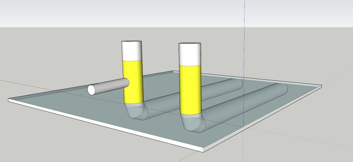 3D-modell av ett föreslaget rörarrangemang med "T"-koppling och omgivande balkar markerade i olika färger.