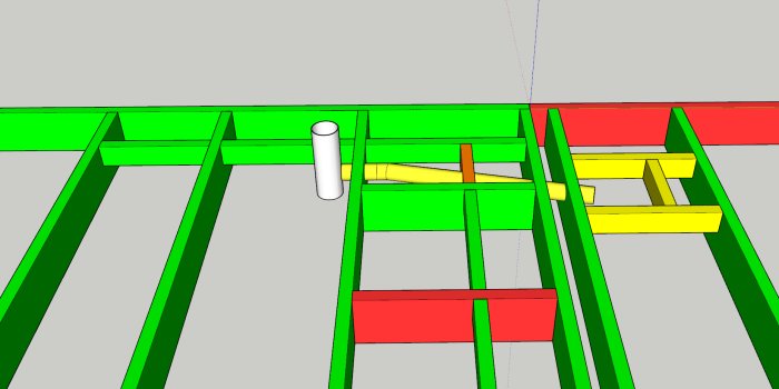 3D-modell av takbjälklag med rörgenomföring, gröna kända balkar, röda misstänkta balkar, gula tillägg, orange rivningsdelar.