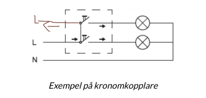 Elektriskt schema över en kronomkopplare med en extra inritad brun ledning.