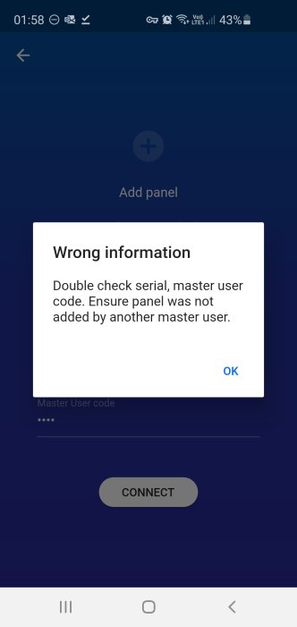 Felmeddelande på skärm visar "Wrong information" vid försök att lägga till en panel.
