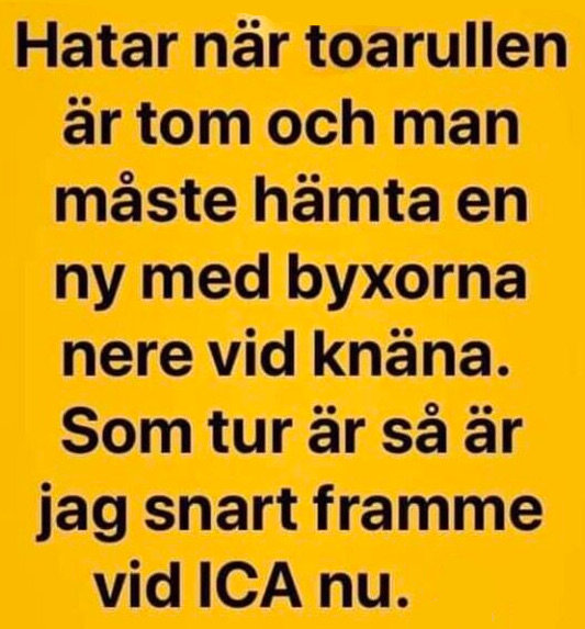 Humoristisk text om att ogilla när toalettpappret tar slut och man måste hämta mer med byxorna nere.