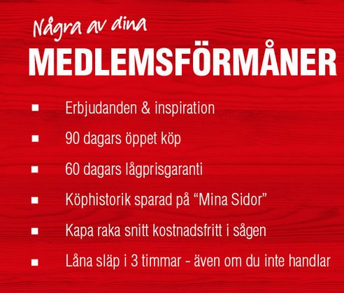 Röd bakgrund med lista över medlemsförmåner inklusive erbjudanden, öppet köp, lågprisgaranti, köphistorik, kostnadsfria snitt och lån av släp.