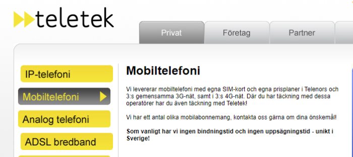Skärmdump av teletek webbsida som visar alternativ för mobiltelefoni, IP-telefoni, analog telefoni och ADSL bredband.