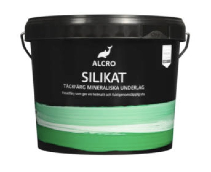 Hink med Alcro Silikatfärg, märkt som takfärg för mineraliska underlag utan angiven akrylat.