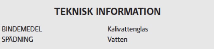 Utdrag från tekniskt datablad som visar bindemedel som kalisilicatglas och spänning som vatten för färgprodukt.