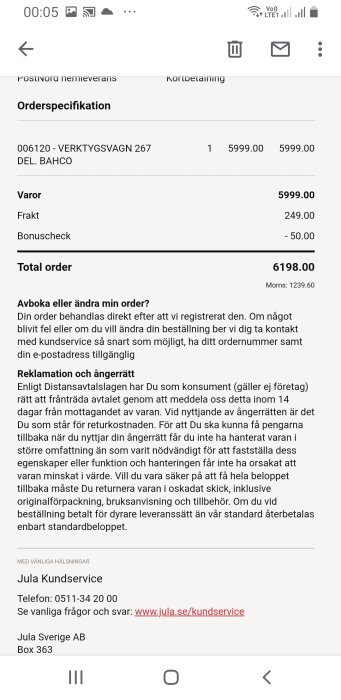 Skärmdump av en online-orderbekräftelse från Jula med specifikationer för ett köp av en verktygsvagn.