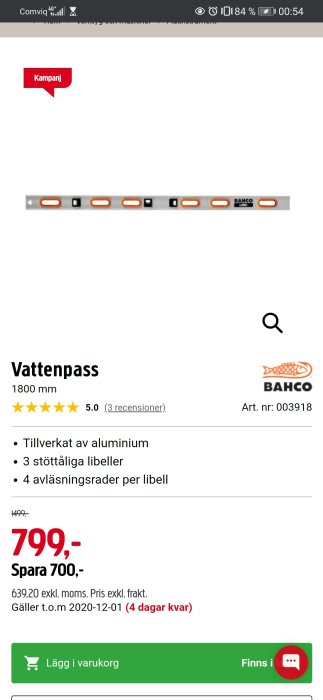 Skärmbild av Bahco 496 1800mm vattenpass på rea för 799 kr, med specifikationer och "lägg i varukorg"-knapp synlig.