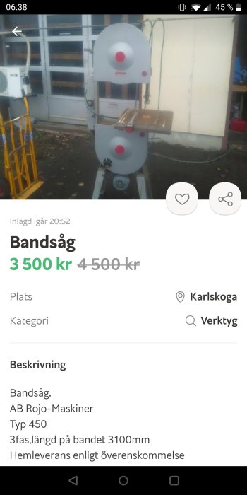 Bandsåg från AB Rojo-Maskiner Typ 450, 3-fas, med ett band på 3100 mm, till salu för 3500 SEK.