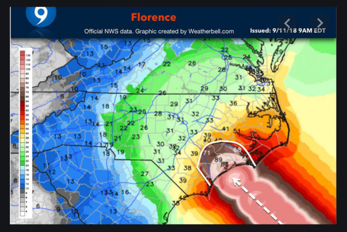 Väderkarta som visar stormen Florence med färgkodade regnmängder och prognosväg.