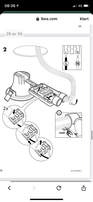 Illustration av montering av flexslang till armatur med detaljerade steg och elektrisk anslutning.