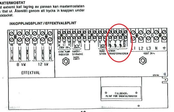 Schematisk bild av inkopplingsplint och strömtransformatorer markerade med rött på en elpannas manual.