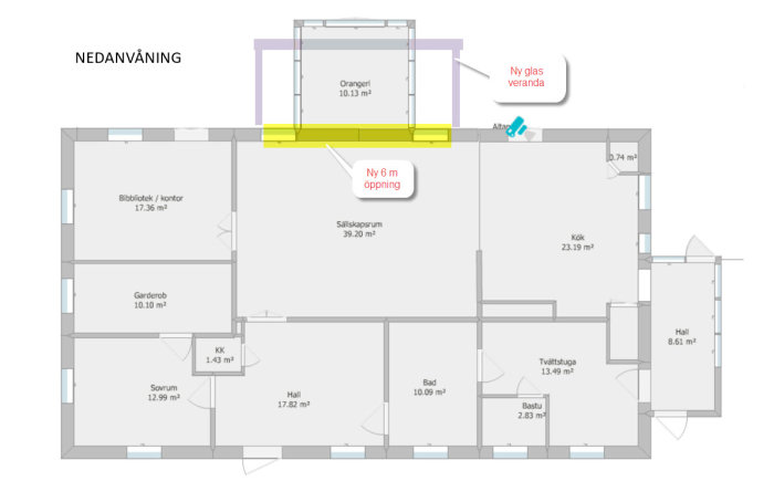 Ritning av enplanshus med markerad ny 6 meter bred öppning för glasveranda på husets gavel.