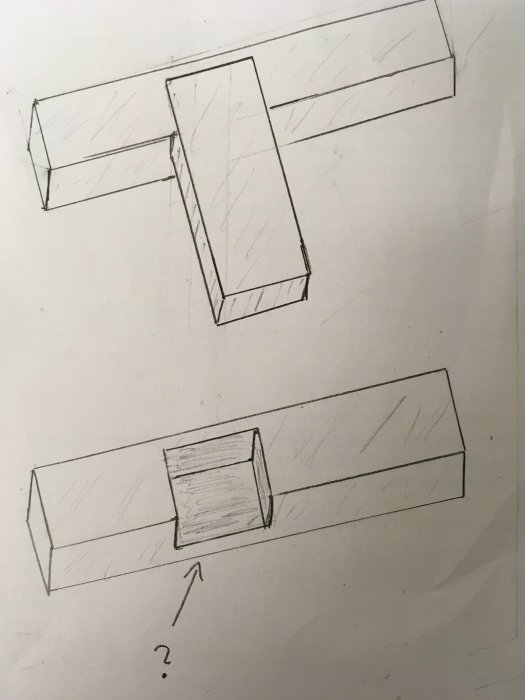 Handritad skiss av trädelar som ska sammanfogas med ett fyrkantigt urtag.
