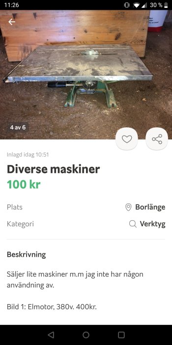 En Inca Compact bordsåg utan elmotor på ett ställ i en verkstad.