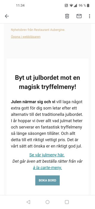 Skärmdump av ett nyhetsbrev med erbjudande om en truffelmeny istället för julbord från Restaurant Aubergine.