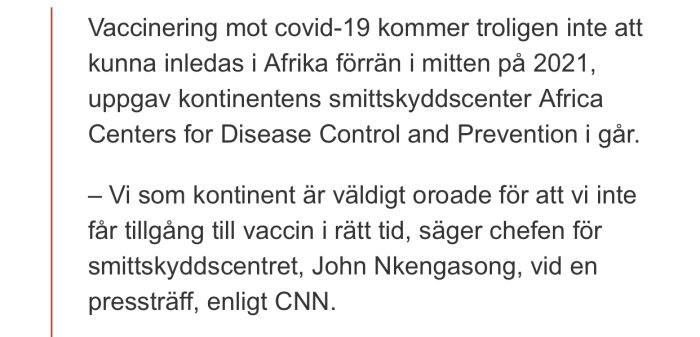 Skärmdump av text om försenade COVID-19-vaccinationer i Afrika, från CNN.