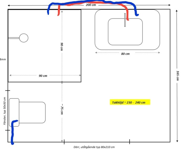 Ritning av badrum med mått, föreslagen placering av rör och duschblandare markerad.