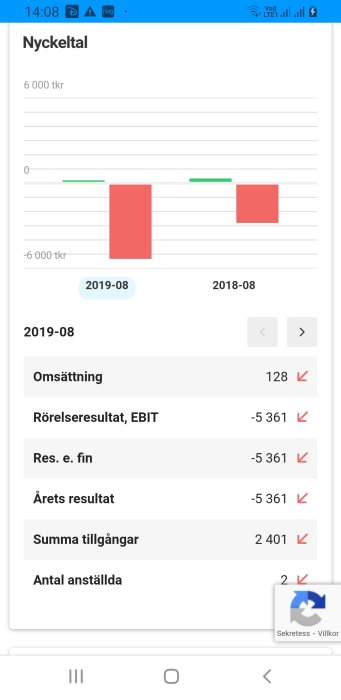 Diagram över företagets ekonomi som visar negativt rörelseresultat och få anställda.