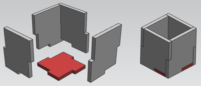 3D-modell av en enkel trä lådkonstruktion med separata delar och en monterad låda.