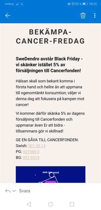 Skärmdump av mejl där SweDendro avstår Black Friday för att donera till Cancerfonden.