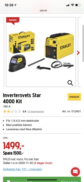 Inverter-svetskit från STANLEY, gul svetsmaskin med bärrem och tillbehör som svetsmask och elektroder.