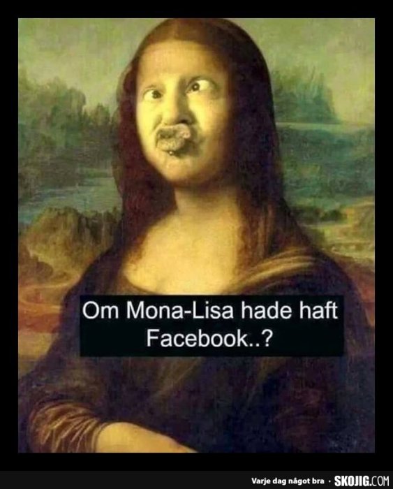 Humoristisk redigering av Mona Lisa med överdrivet stora ögon och kinder med texten "Om Mona-Lisa hade haft Facebook..?