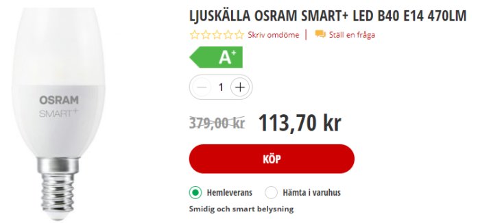 Erbjudande på OSRAM SMART+ LED-lampa E14 470lm med rabatterat pris på Bauhaus, visar prissänkning och köpknapp.