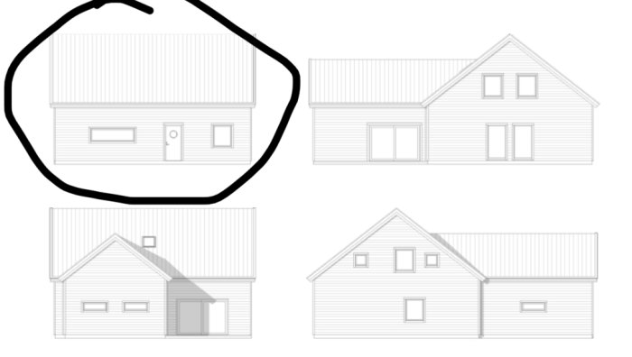 Fyra ritningar av ett hus visar kombinationer av stående och liggande panel.