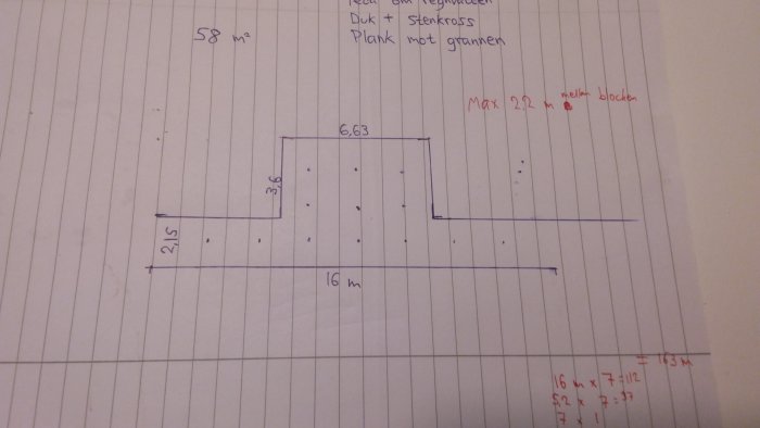 Handritad skiss av en framtida altan med mått och anmärkningar för konstruktionen.