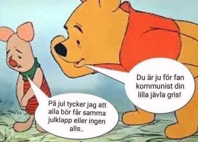 Illustration av Nalle Puh och Nasse som har en fiktiv diskussion om julkappar med roliga pratbubblor.