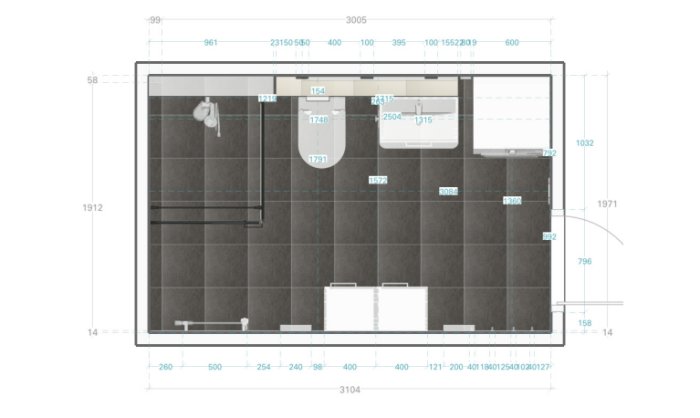 Ritning av ett badrum med måttangivelser, inklusive placering av toalett, dusch, handfat och förvaring.