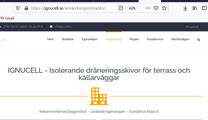 Skärmdump av Ignucell-webbsida som visar 'Isolerande dräneringsskivor för terrass och källarväggar'.