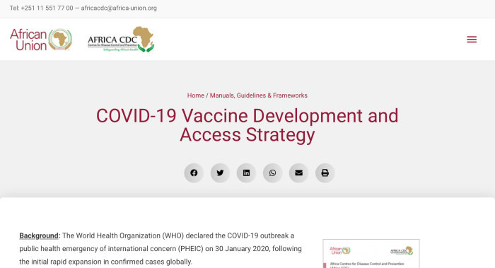 Webbsida om COVID-19 Vaccinutveckling och tillgångsstrategi från Afrikanska unionens CDC.