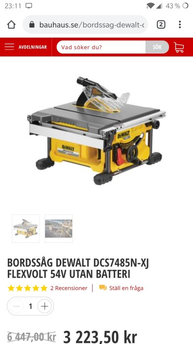 Bordssåg DEWALT DCS7485N-XJ FLEXVOLT 54V utan batteri, från Bauhaus webbsida, med pris och recensioner.