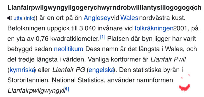 Skärmdump av text om den walesiska orten med det långa namnet Llanfair­pwllgwyngyll­gogery­chwyrn­drobwll­llantysilio­gogo­goch.