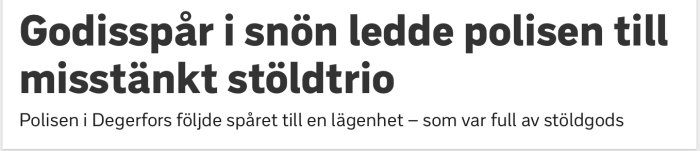 Nyhetstext som rubrik om polisen som följde godisspår i snön vilket ledde till gripande av en stöldtrio.