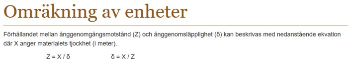 Textdiagram över ekvation för omräkning av enheter relaterat till byggmaterialens genomsläpplighet.