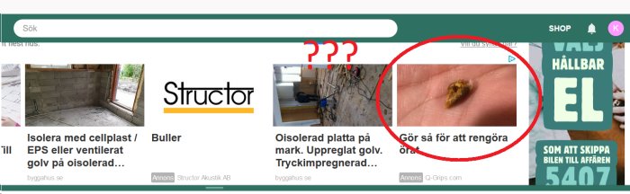 Close-up av öronvax som tas bort från öra, obehaglig bild för annons från q-grips.com