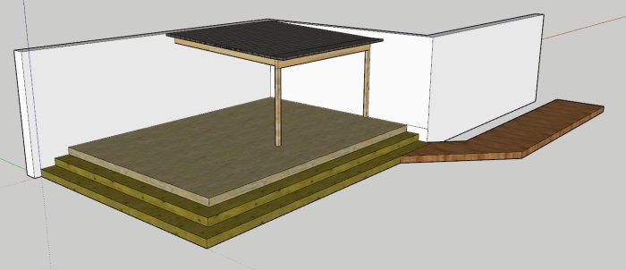 3D-modell av ett utomhusprojekt med terrass, trappa och en överbyggnad.
