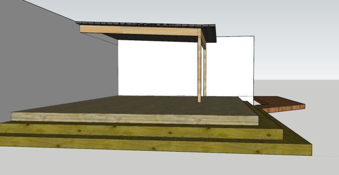 3D-skiss av en altan med återanvända träreglar som stöd och grund.