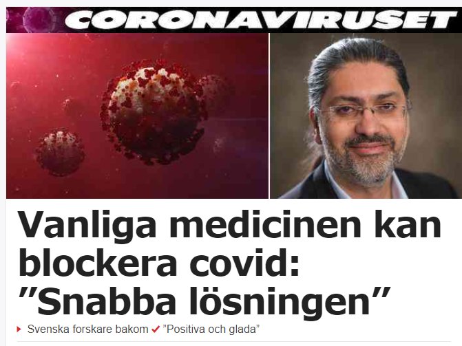 Illustration av coronaviruset bredvid porträtt av virusforskare Ali Mirazimi med nyhetsrubrik om medicin mot COVID-19.