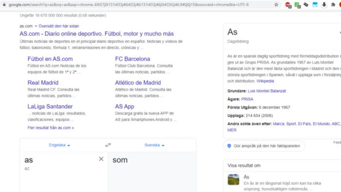 Skärmdump av Google-sökresultat med flera träffar på temat fotboll och sporttidningen AS.