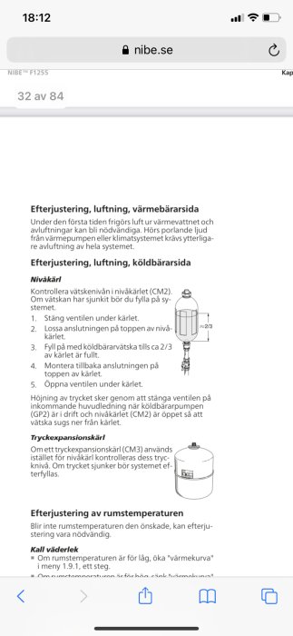 Skärmdump från manual som visar instruktioner för efterjustering och luftning av värmesystem.