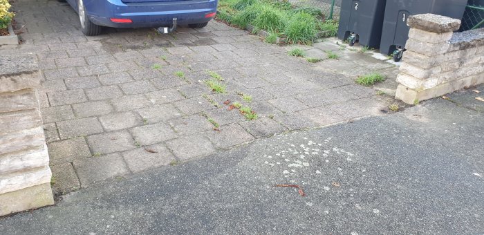 Gammal uppfart med slitna betongplattor och ogräs som växer mellan sprickorna, en delvis synlig blå bil parkerad på sidan.