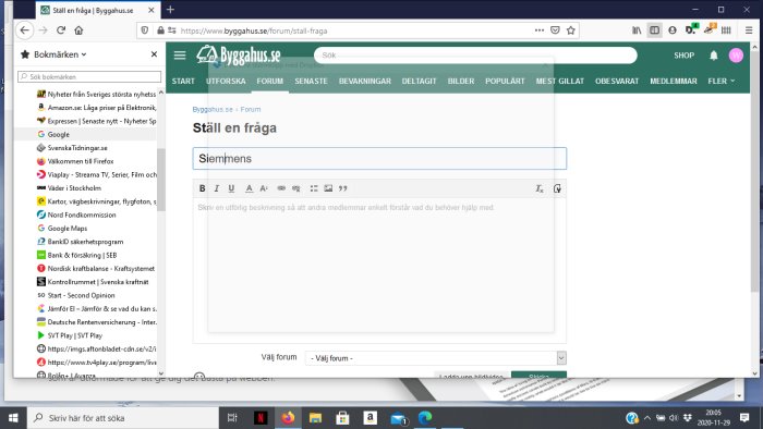 Skärmdump av ett diskussionsforum där någon skriver ett inlägg om ett byggprojekt.