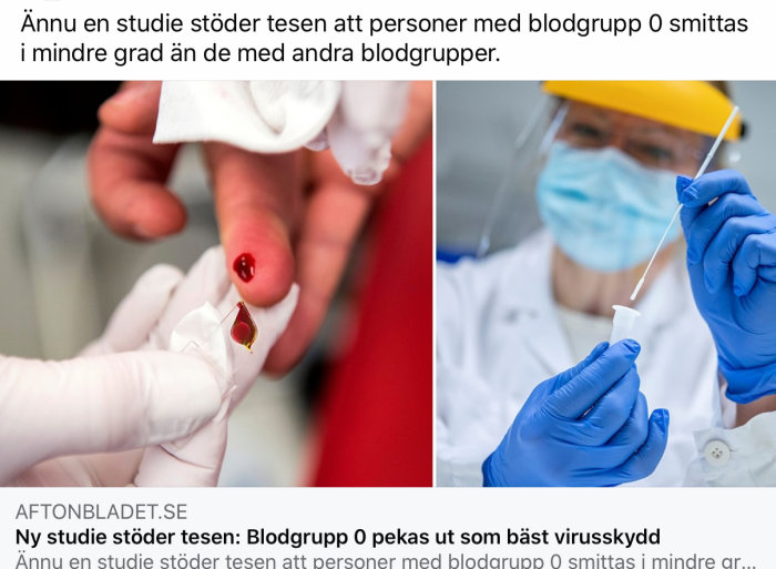 En bild delad i två, vänster sida visar en blodprovstagning från ett finger, höger sida en person i skyddsutrustning håller ett provrör.