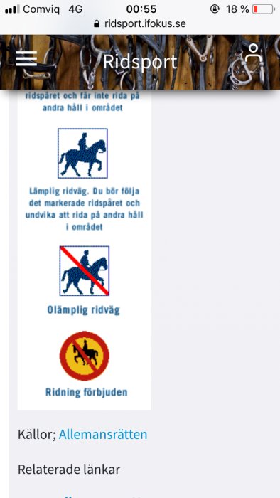 Skyltar som visar "lämplig ridväg", "olämplig ridväg" och "ridning förbjuden" mot en bakgrund med träns.